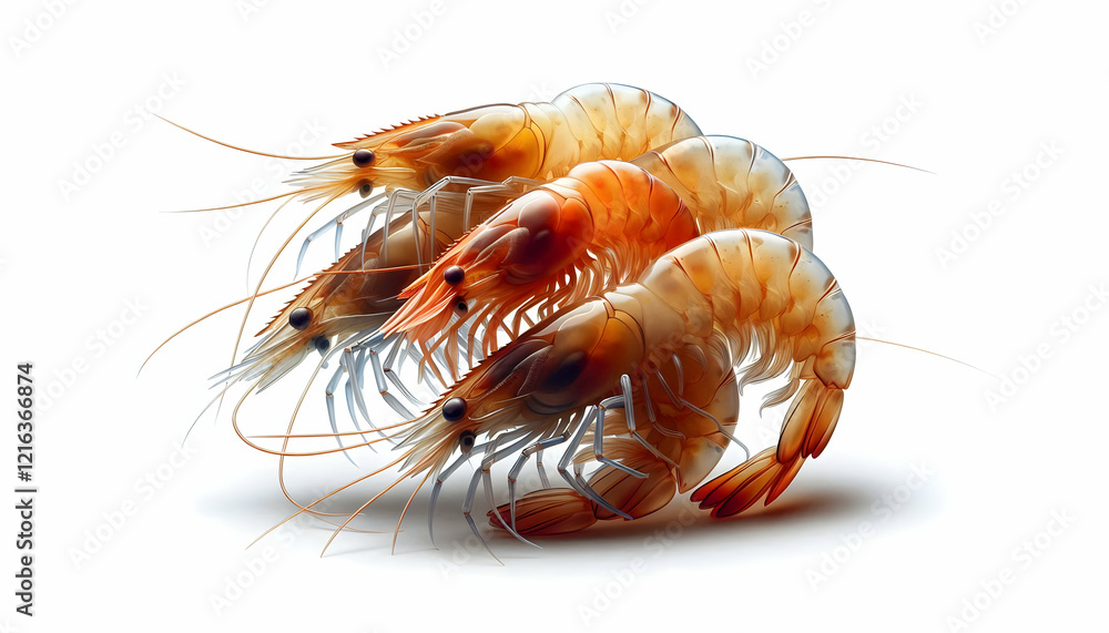 Food A high-angle close-up of a shrimp cluster, with four shrimp arranged naturally, their translucent or4 Food A high-angle close-up of a shrimp cluster, with four shrimp arranged naturally, their translucent or4