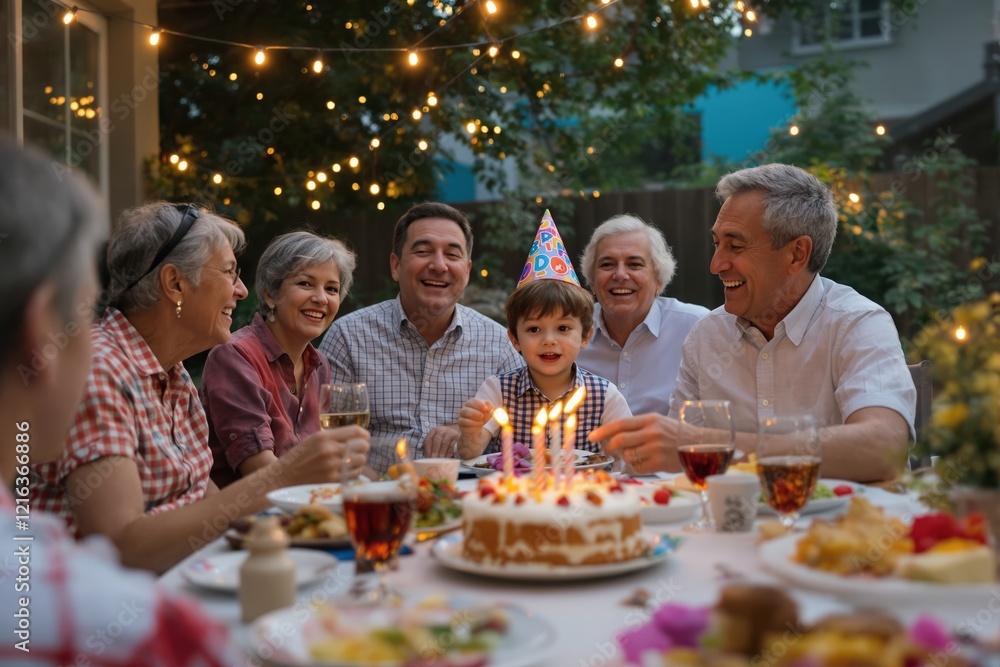 Photo of a multi-generation family having dinner outdoors in their back yard, while their little boy is celebrating his birthday Photo of a multi-generation family having dinner outdoors in their back yard, while their little boy is celebrating his birthday