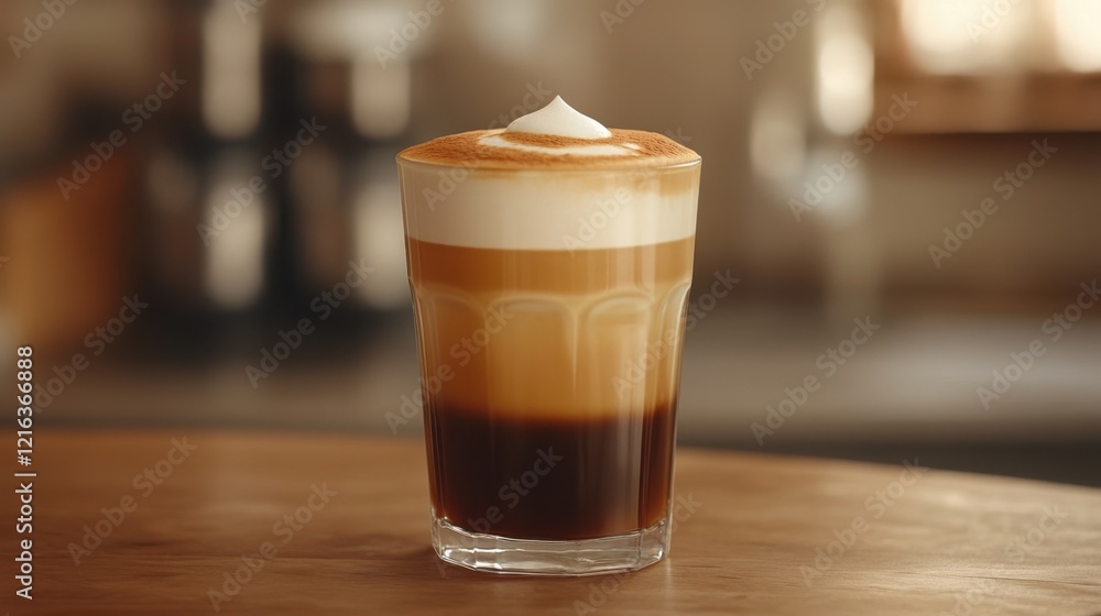 Close-up of exquisite layered latte art in a glass cup, showcasing warm and inviting coffee and bakery aesthetics The image highlights the meticulous presentation of this delicious latte, perfect for Close-up of exquisite layered latte art in a glass cup, showcasing warm and inviting coffee and bakery aesthetics The image highlights the meticulous presentation of this delicious latte, perfect for