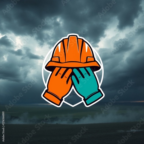  Construction logo with helmet and gloves on stormy background. Labor Day, safety, logo, celebration photo