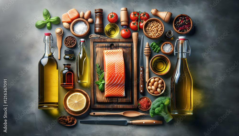 Food A linear composition where all items are aligned horizontally, with the wooden board and salmon as t2 Food A linear composition where all items are aligned horizontally, with the wooden board and salmon as t2