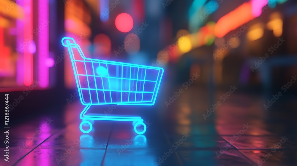 Neon Shopping Cart in a Vibrant Cityscape at Night Neon Shopping Cart in a Vibrant Cityscape at Night