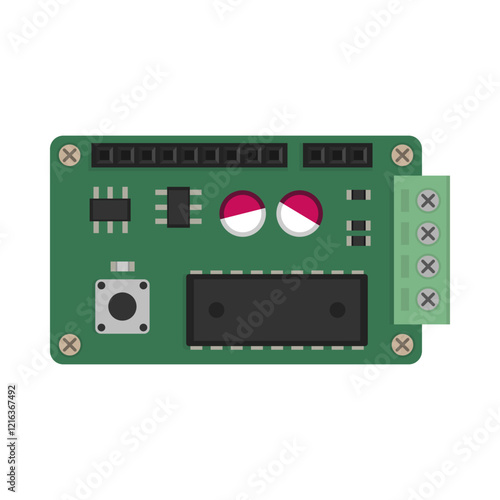 Green circuit board with various electronic components. Vector circuit board image for electronic illustrations, educational materials, and industrial applications
