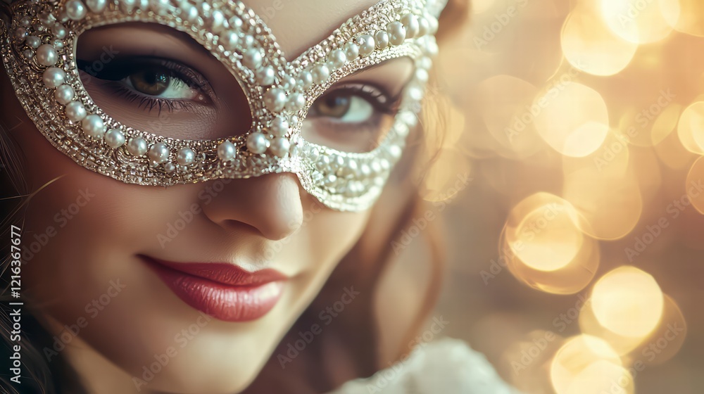A captivating close-up portrait of a woman's face partially concealed by an elegant pearl-encrusted masquerade mask, set against a warm, bokeh background. A captivating close-up portrait of a woman's face partially concealed by an elegant pearl-encrusted masquerade mask, set against a warm, bokeh background.
