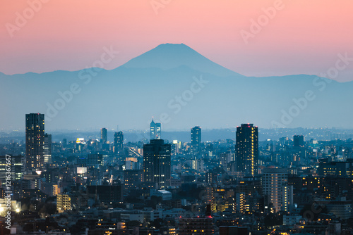 Mount Fuji and Tokyo downtown skyline at sunset, Japan