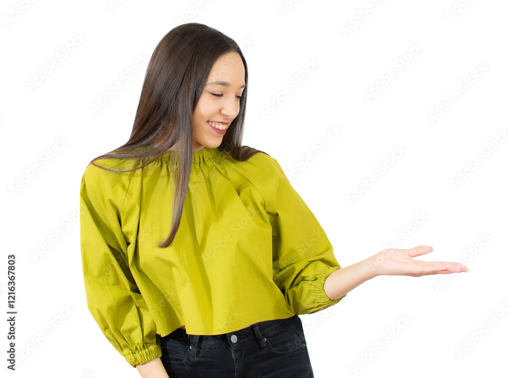 Young woman isolated on transparent background showing a copy space on a palm and holding another hand on waist. PNG transparent. Young woman isolated on transparent background showing a copy space on a palm and holding another hand on waist. PNG transparent.