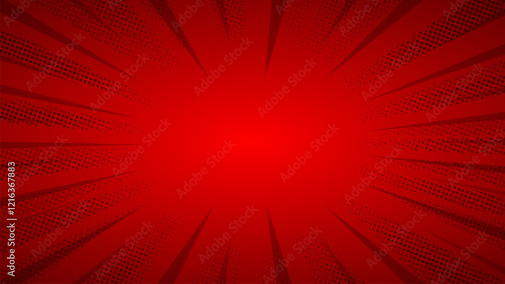 Fototapeta premium Red background with rays and halftone dots. Vector illustration.