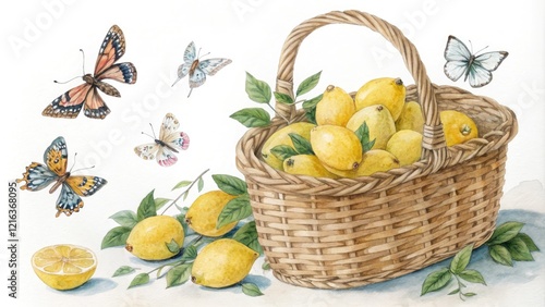 A charming watercolor painting of a wicker basket overflowing with lemons and surrounded by colorful butterflies, fruit still life, butterfly arrangement, artistic, colorful, home decor