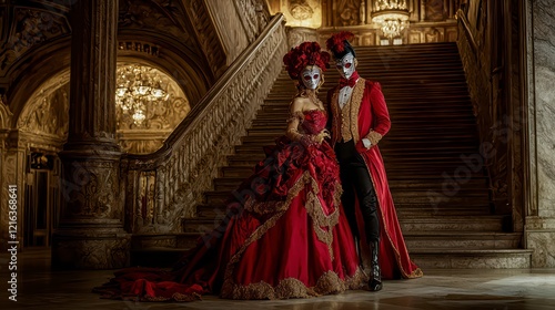 Masquerade Elegance: A captivating couple, adorned in elaborate masquerade costumes, stands majestically on a grand staircase, their enigmatic masks adding an air of mystery and allure to the scene. photo