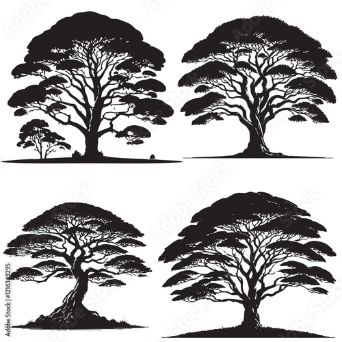 4 Set of Black Vector Silhouette of the Tree of Tule on White Background