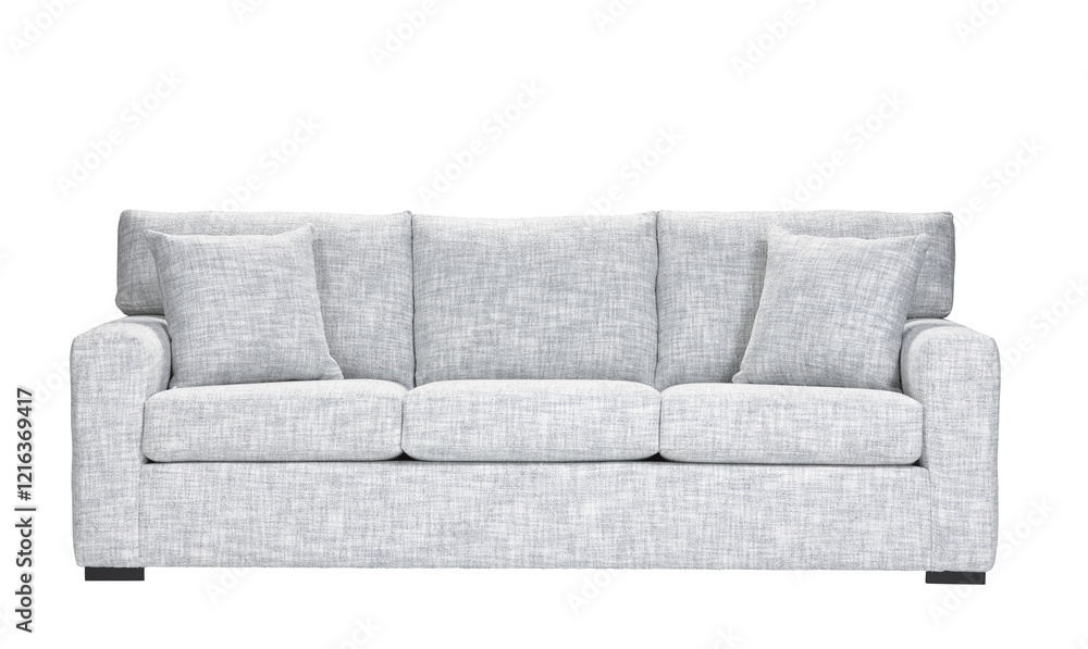 Fototapeta premium A sofa with pillows in a minimalist design with wooden legs + clipping path. The sofa is isolated on a White background.