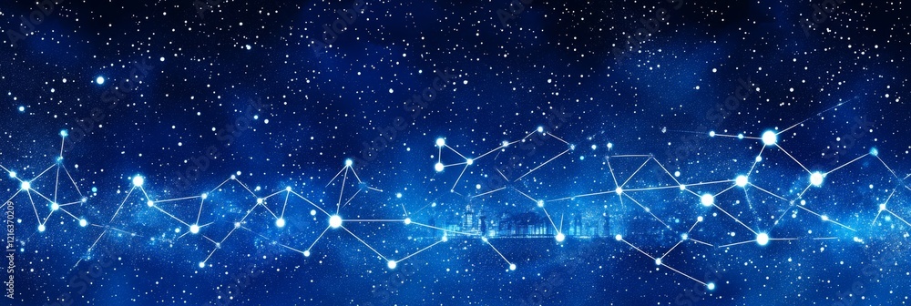 Fototapeta premium Blue Network Constellation on Starry Sky Connecting Distant Points with Lines and Glowing Dots