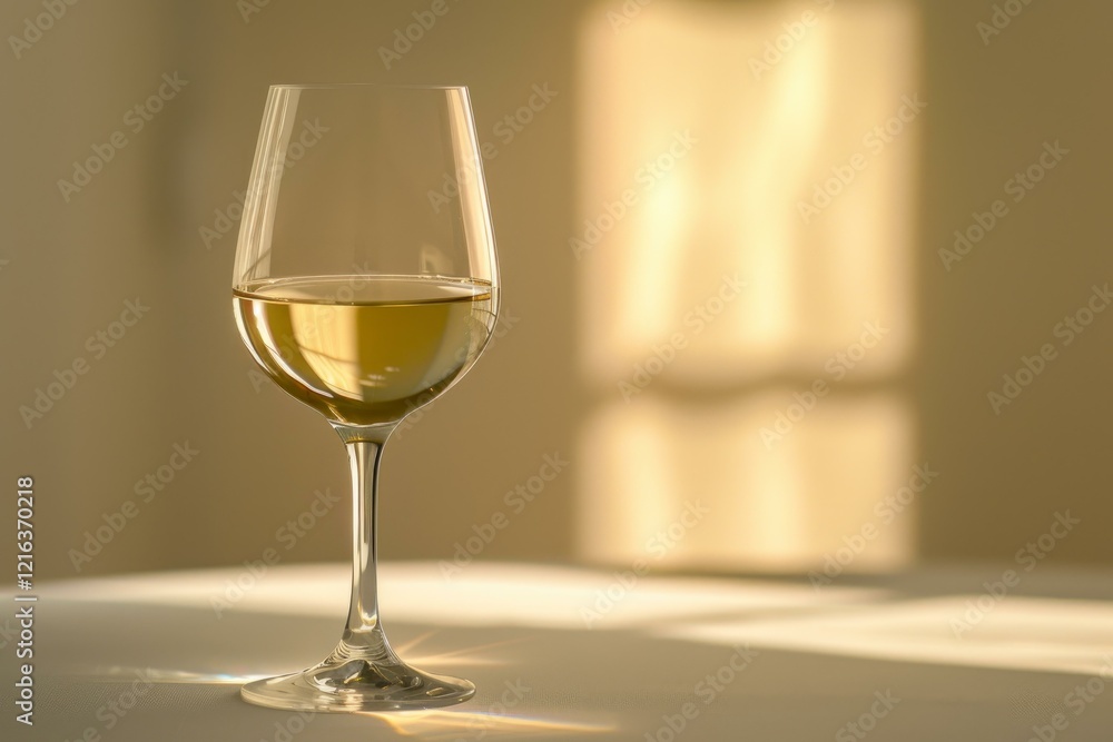 Elegant glass of white wine sits on a table, bathed in the warm glow of sunlight filtering through a nearby window Elegant glass of white wine sits on a table, bathed in the warm glow of sunlight filtering through a nearby window