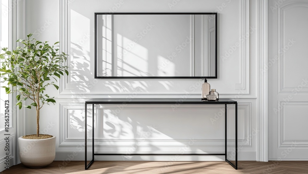 Fototapeta premium Modern Console Table Interior Design with Mirror and Plant Decor in a Sunlit Room