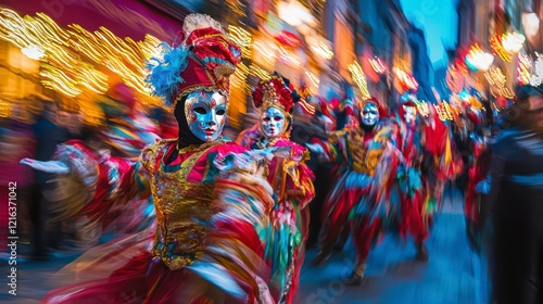 Fototapeta Naklejka Na Ścianę i Meble -  Venetian Carnival Night: A vibrant procession of masked figures in elaborate costumes parades through the streets at night, their movements blurred by the long exposure.