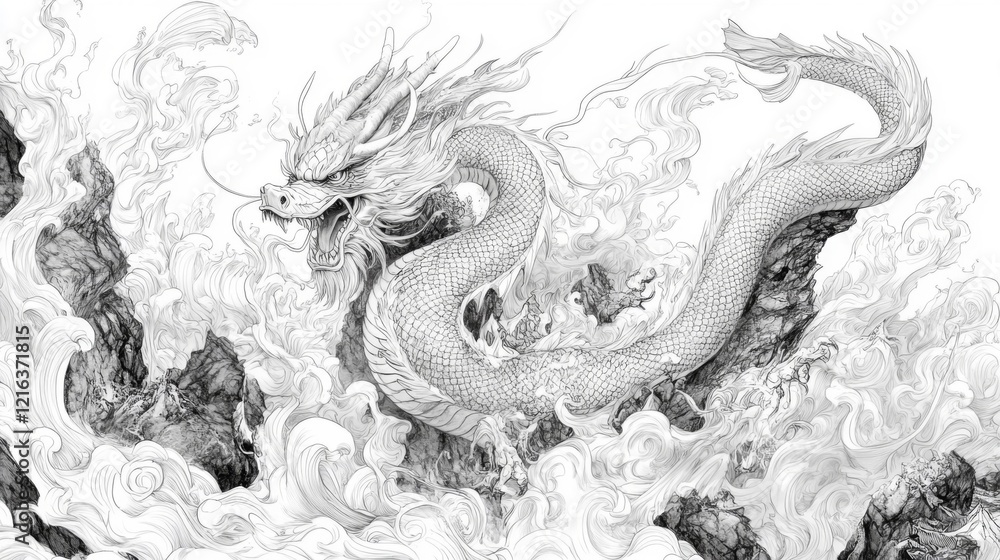 Obraz premium Majestic Dragon Soaring Through Turbulent Waters