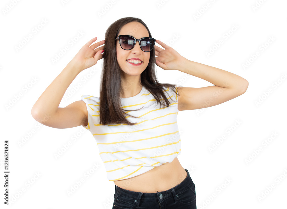 Happy young brunette woman wearing sunglasses isolated over transparent background. PNG transparent. Happy young brunette woman wearing sunglasses isolated over transparent background. PNG transparent.