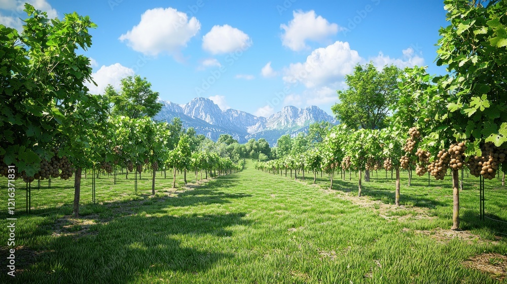 Vineyard rows, mountain backdrop, sunny day, harvest Vineyard rows, mountain backdrop, sunny day, harvest