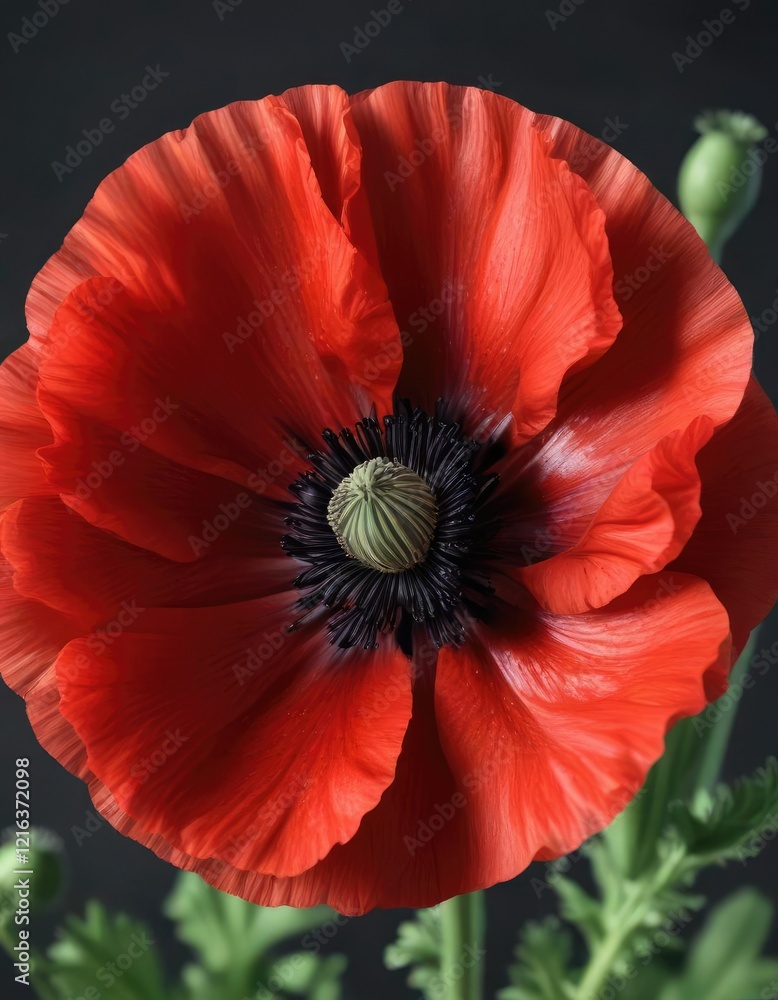 A large red poppy with delicate white petals and a dark center, leaves, yellow, poppy A large red poppy with delicate white petals and a dark center, leaves, yellow, poppy
