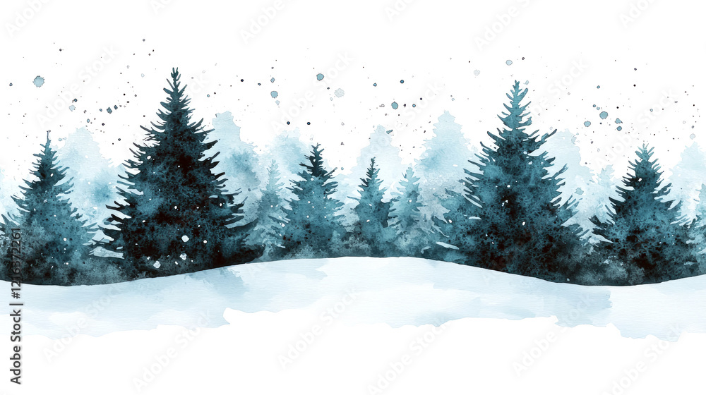 Fototapeta premium Watercolor Winter Forest Landscape Painting: Serene Snow Covered Trees, Peaceful Nature Scene