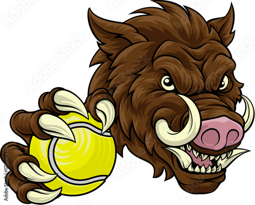 A wild boar, hog razorback warthog pig mean tough cartoon sports mascot holding a tennis ball