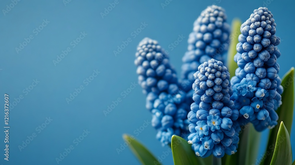 Stunning Blue Muscari Flowers Against a Vibrant Blue Background Stunning Blue Muscari Flowers Against a Vibrant Blue Background