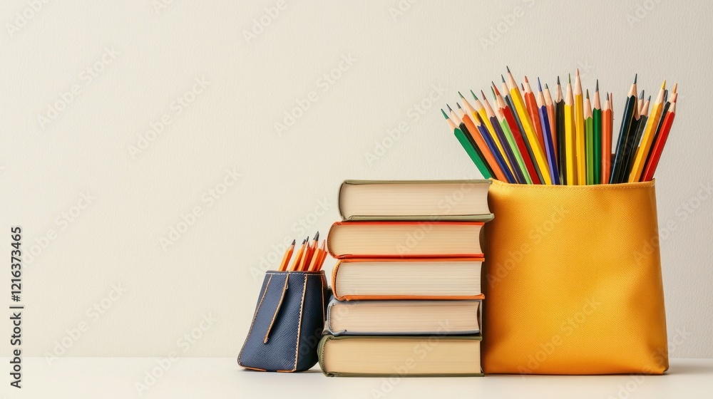 Colorful pencils, books, and stationery on desk Colorful pencils, books, and stationery on desk