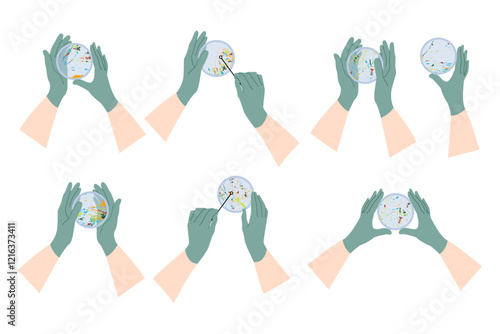 Microplastic pollution. Petri dish with microplastics. Scientist's hand in glove holding plate with plastic. Water or soil waste. Laboratory test, chemical analysis. Vector flat cartoon illustration