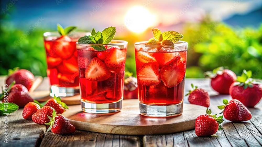 Refreshing Strawberry Iced Drinks on Sunny Day - Summer Beverages Refreshing Strawberry Iced Drinks on Sunny Day - Summer Beverages