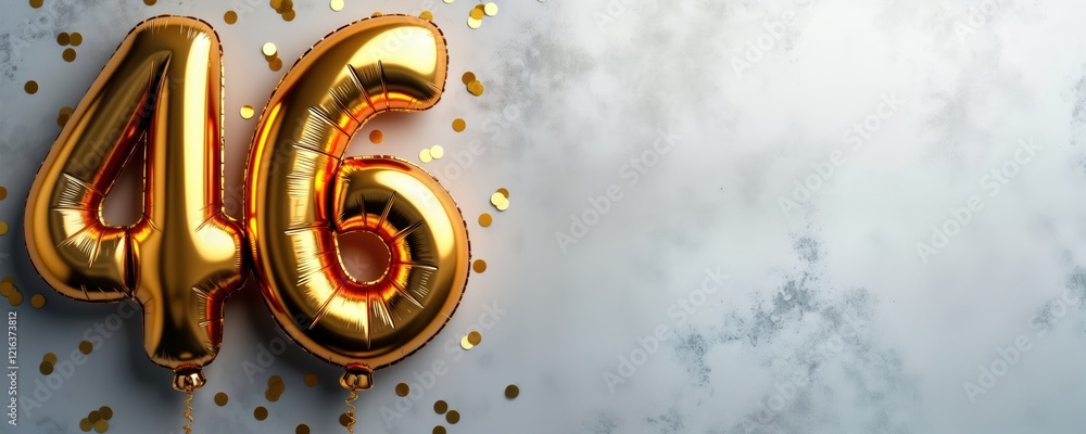 Golden foil balloons shaped like number 46 on gray concrete background. Birthday anniversary celebration concept. Decorative gold confetti adds sparkle to scene. Perfect for corporate private events. Golden foil balloons shaped like number 46 on gray concrete background. Birthday anniversary celebration concept. Decorative gold confetti adds sparkle to scene. Perfect for corporate private events.
