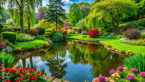 A lush green garden with vibrant flowers and trees surrounding a serene pond, pond, serenity, trees