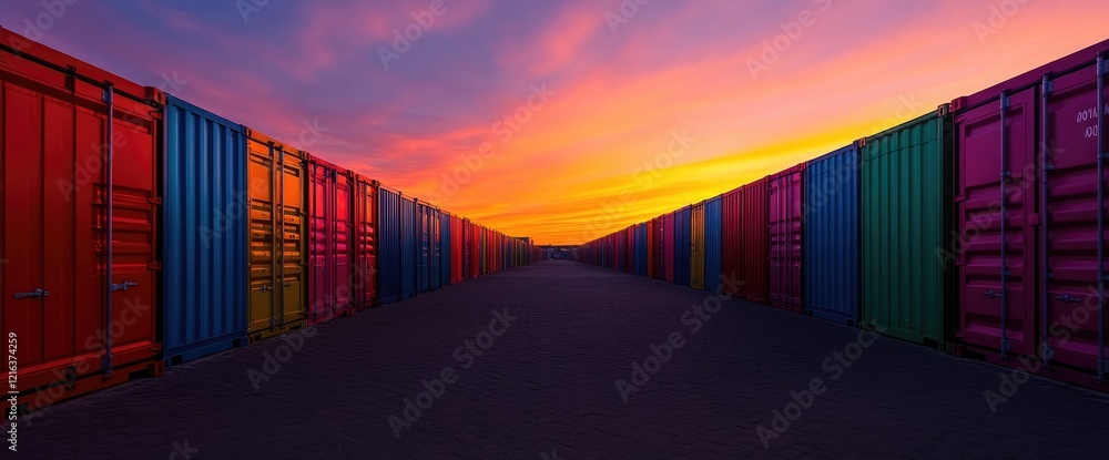 Fototapeta premium Colorful shipping containers at sunset, port logistics, global trade