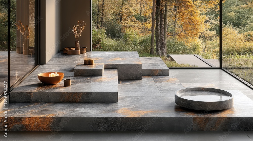 Large-format ceramic tiles in earthy tones displayed on a gray surface Large-format ceramic tiles in earthy tones displayed on a gray surface