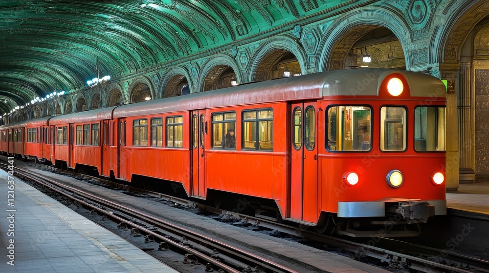 Fototapeta premium Red Subway Train, Ornate Underground Station, Urban Transportation, Public Transit, Architecture