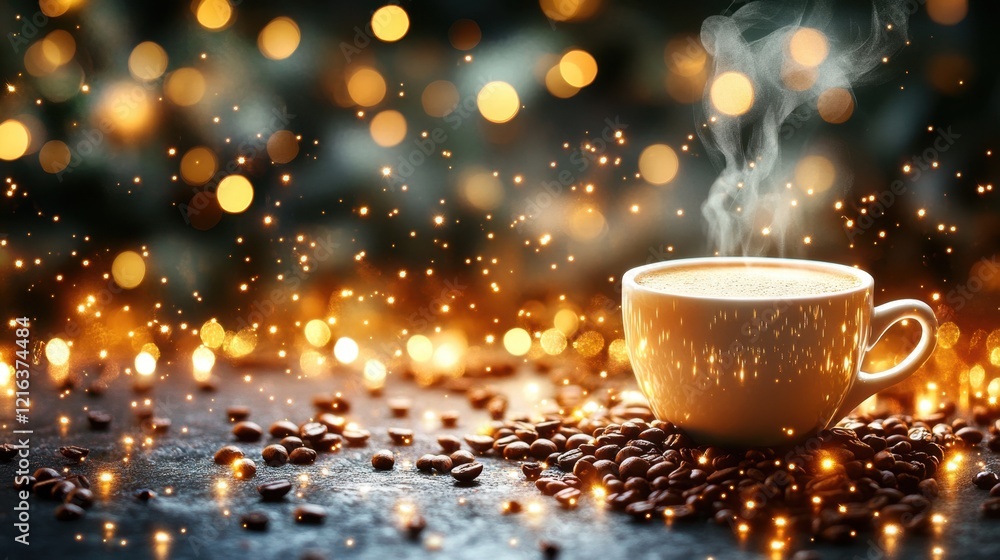 Obraz premium Warmth of a steaming coffee cup in natural light, surrounded by aromatic coffee beans a delightful coffee and bakery scene perfect for cozy mornings Enjoy the rich aroma and comforting ambiance of