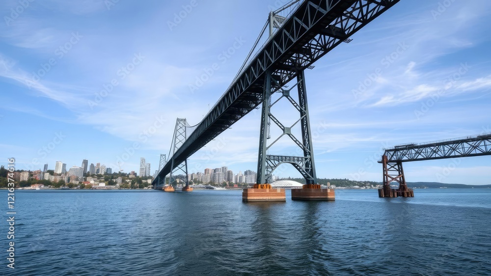A majestic steel bridge dominates the skyline over Lake Washington with its surroundings in sharp focus, distant, steel, landscape A majestic steel bridge dominates the skyline over Lake Washington with its surroundings in sharp focus, distant, steel, landscape