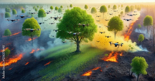 Swarm of firefighting drones surveying raging wildfires, analyzing heat patterns, wind directions, and damage extent to optimize suppression strategies and prevent further spread