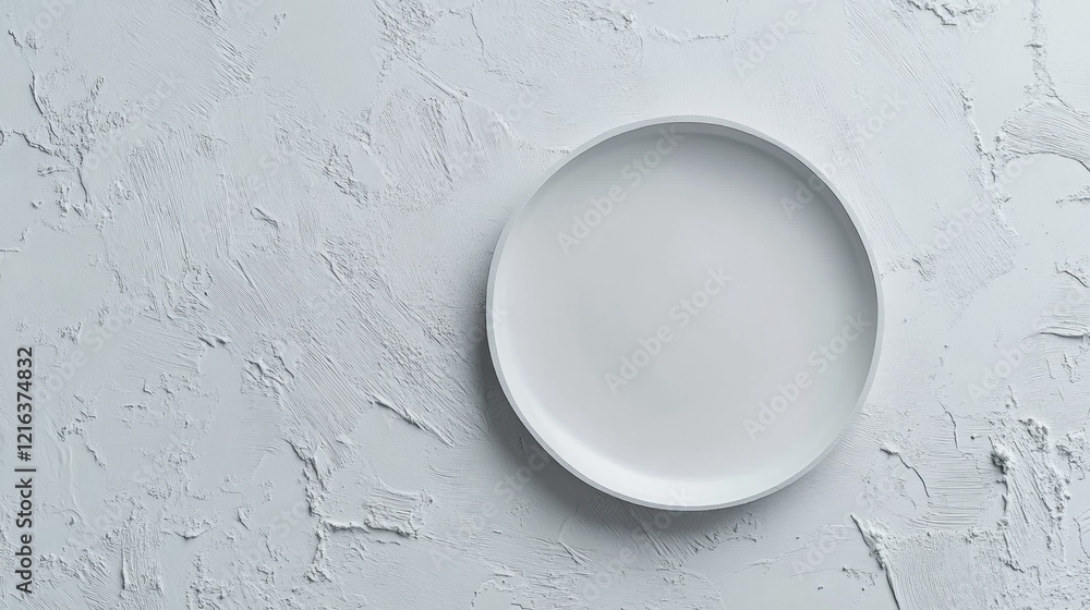 Empty plate on textured white surface, overhead view. Food blog, menu design Empty plate on textured white surface, overhead view. Food blog, menu design