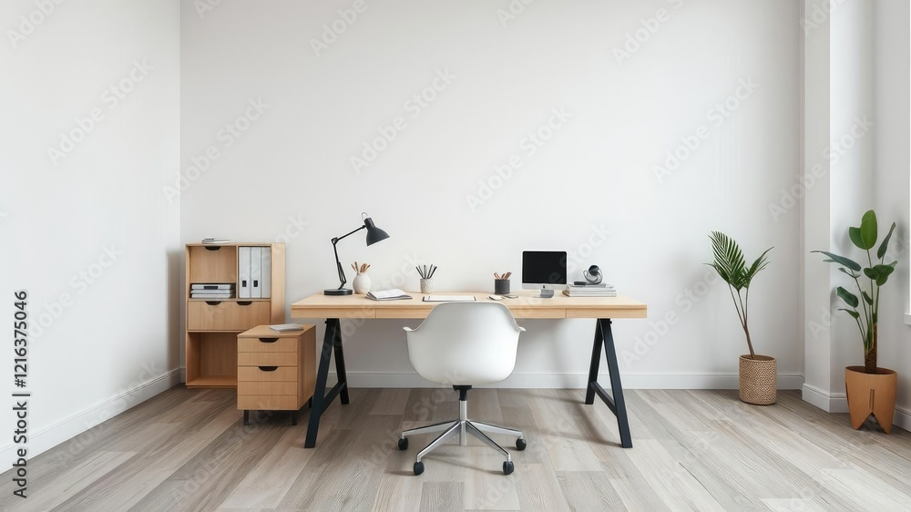 A minimalist desk with various office supplies and an abstract chair sits in the corner of a spacious room with high ceilings, modern interior design, clean lines, minimalist desk A minimalist desk with various office supplies and an abstract chair sits in the corner of a spacious room with high ceilings, modern interior design, clean lines, minimalist desk