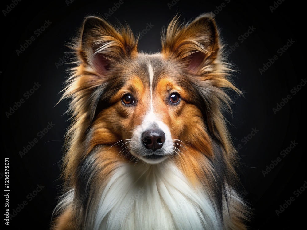 Fototapeta premium Sharp Sheltie portrait, black backdrop, food-style lighting.