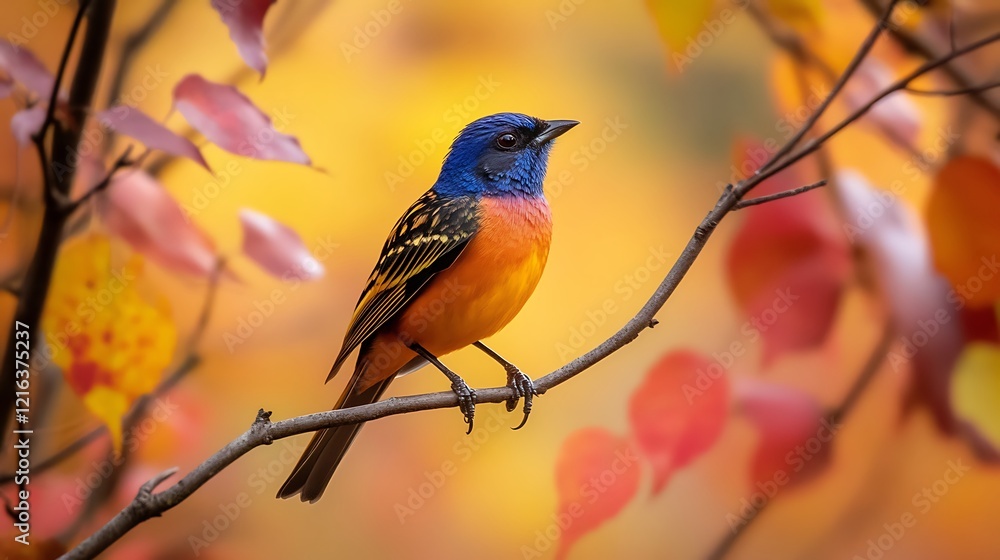 Vibrant Painted Bunting Perched on Autumn Branch Vibrant Painted Bunting Perched on Autumn Branch
