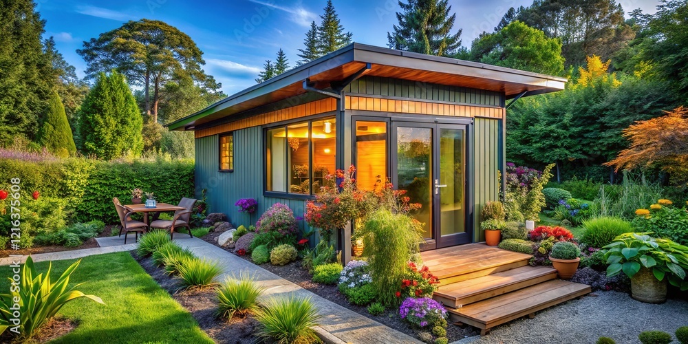 Fototapeta premium Sleek tiny house nestled in a sloping backyard paradise.