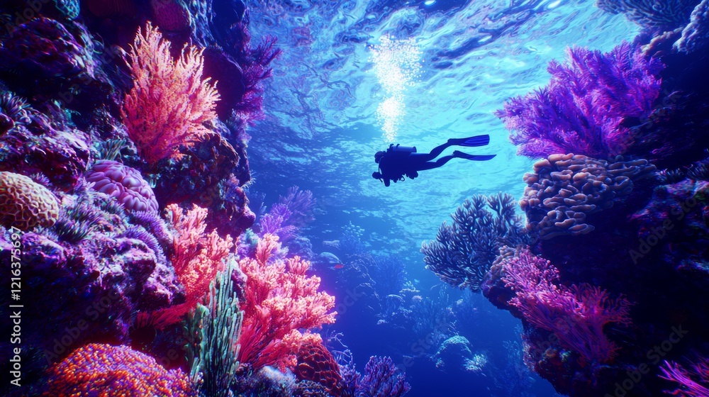 Diver exploring vibrant coral reef underwater in tropical ocean during a sunny day Diver exploring vibrant coral reef underwater in tropical ocean during a sunny day
