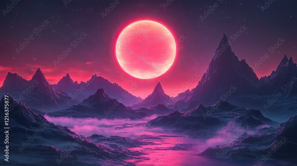 Fototapeta premium A vibrant, neon-themed digital landscape featuring stylized mountains created with grid patterns.