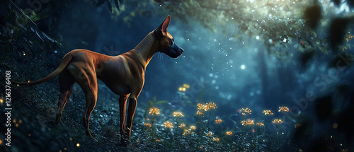 Azawakh Dog Adventuring Through a Magical Glade Surrounded by Lush Greenery Sunlight Filtering Through Trees and Enchanting Flora Capturing the Spirit of Nature and Exploration photo