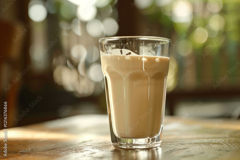 Refreshing iced coffee beverage sits on a wooden table in a cafe, perfect for a midday break