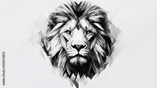 A majestic lion's head illustration with geometric patterns in black and white