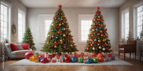 A playful Christmas tree dressed in bright colors and oversized ornaments, festive energy, fun arrangements