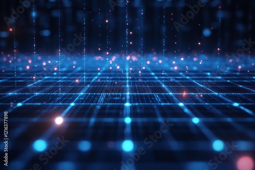 Digital grid pattern with glowing edges, creating a high-tech and futuristic look.