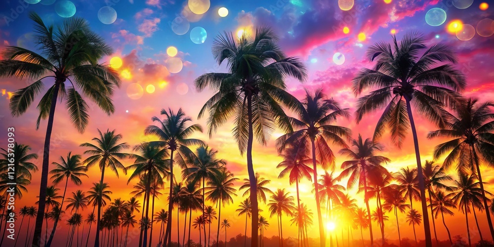 Obraz premium Tropical Palm Sunset Sky Flare Bokeh Nature